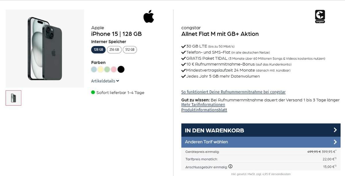 Apple Iphone 15 + Congstar Allnet Flat M Mit 30+ Gb Lte