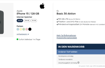 Apple iPhone 15 + o2 Basic 30 mit 35 GB LTE