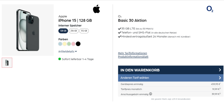 Apple iPhone 15 + o2 Basic 30 mit 35 GB LTE