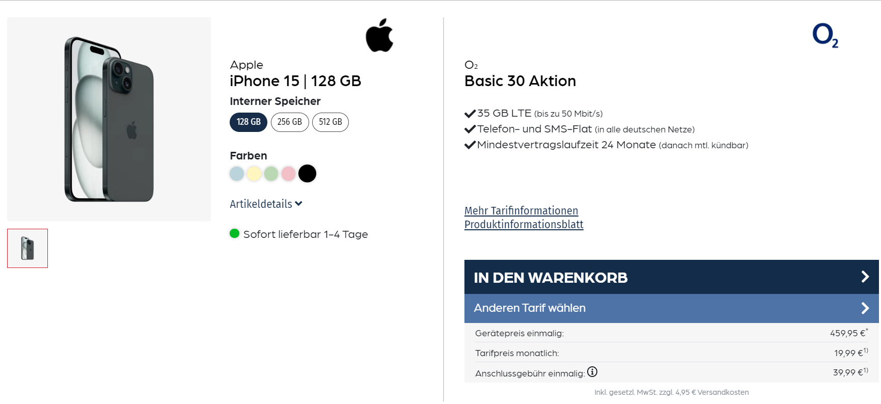 Apple Iphone 15 + O2 Basic 30 Mit 35 Gb Lte