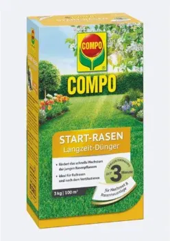 COMPO Start-Rasen Langzeit-Dünger (3kg) - Rasendünger für junge Rasenpflanzen und für Rollrasen nach dem Vertikutieren