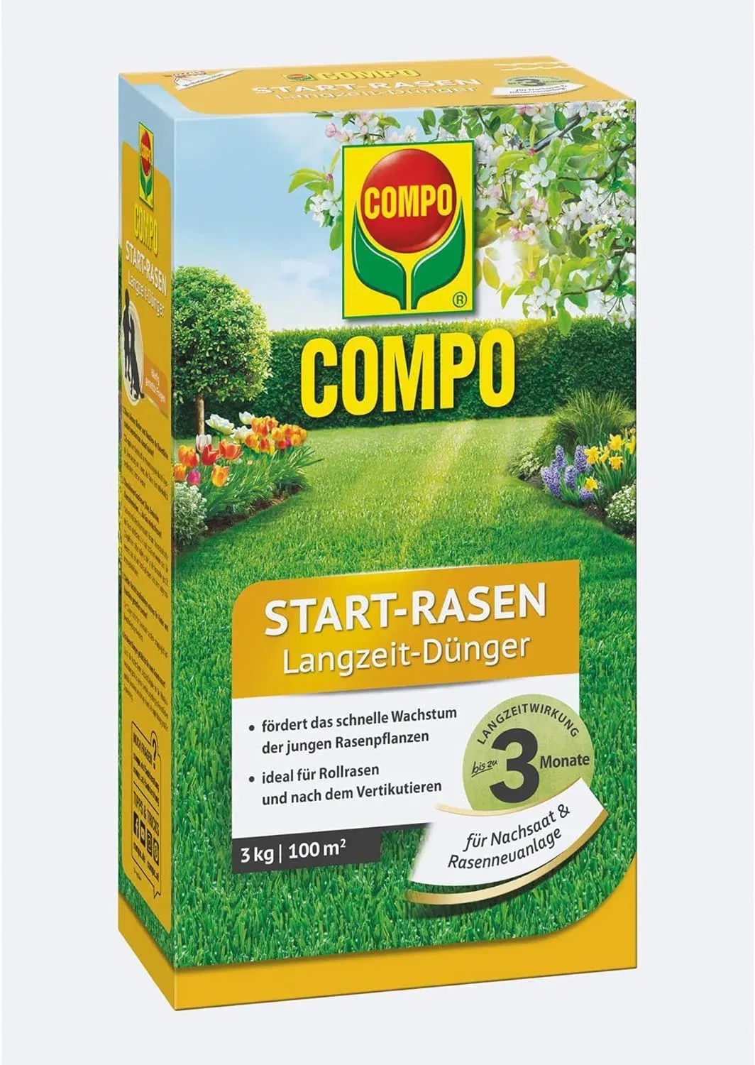 Compo Start-Rasen Langzeit-Dünger (3Kg) - Rasendünger Für Junge Rasenpflanzen Und Für Rollrasen Nach Dem Vertikutieren