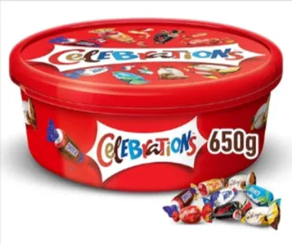 Celebrations XXL Geschenkbox, Mini-Schokoriegel Mix Snickers, Twix und mehr, Valentinstag, Großpackung Schokolade, 1 x 650g Dose