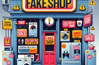 Hand hält gefälschtes Kreditkartenlogo vor Computerbildschirm mit Fake Online-Shop-Website