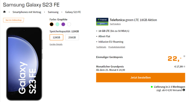 Samsung Galaxy S23 FE + freenet Telefonica green LTE 18 GB