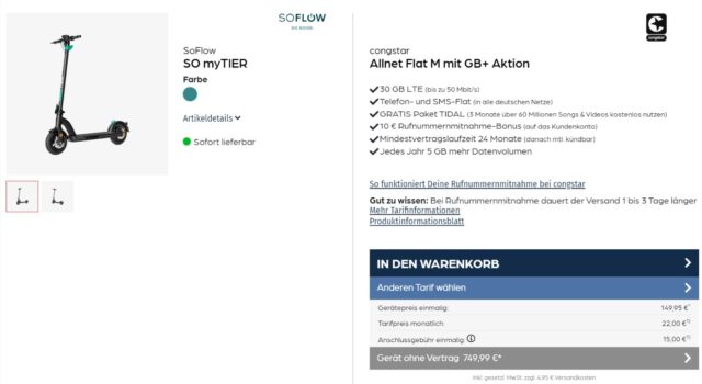 SoFlow SO myTIER E-Scooter + congstar Flat M 30+ GB LTE