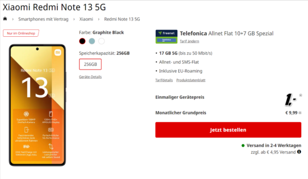 Xiaomi Redmi Note 13 5G + freenet Telefonica Allnet Flat 17 GB 5G