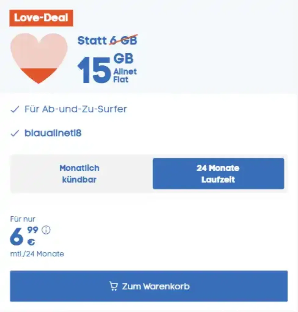 Blau: 15 Gb Allnet Flat L Für 6,99 €