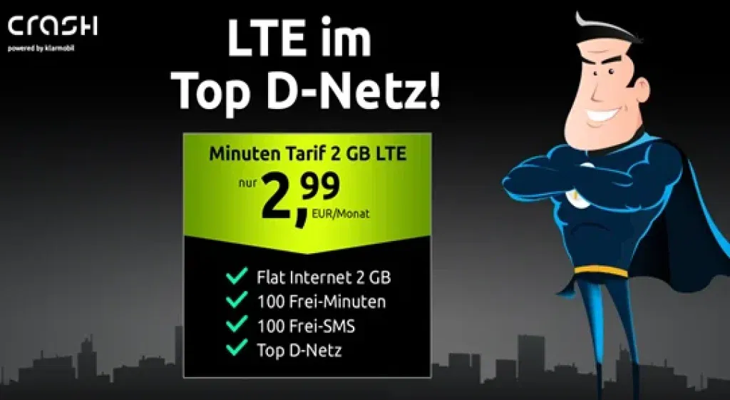 Crash Vodafone Tarif: 2 GB mit 100 Freiminuten + 100 SMS für 2,99 €