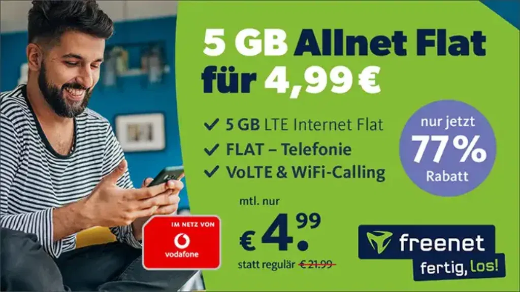 Freenet: 5 Gb Vodafone Allnet Flat Für 4,99 €