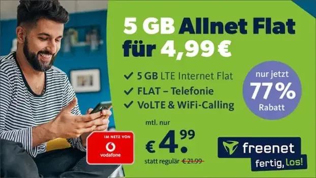 freenet: 5 GB Vodafone Allnet Flat für 4,99 €