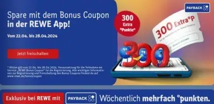 Rewe: Gratis 300 Extra Payback Punkte 🟦⬜ mit der Rewe App [03.06. bis 16.06.2024]