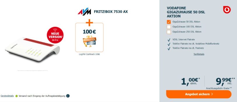 AVM FRITZ!Box 7530 AV + 100 € Cashback + Vodafone GigaZuhause 50 DSL