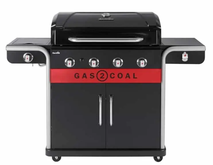 Char-Broil Gas2Coal 440 (2.0) Hybrid Grill – 4 – Brenner Gas & Kohlegrill mit Seitenbrenner, Schwarz für 471,72€ statt 600 €