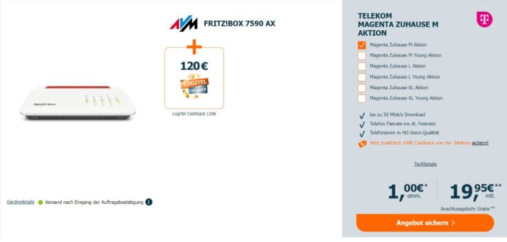 FRITZ!Box 7590 AX + Telekom Magenta Zuhause M + 120 € Cashback