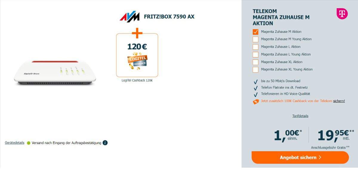 Fritz!Box 7590 Ax + Telekom Magenta Zuhause M + 120 € Cashback