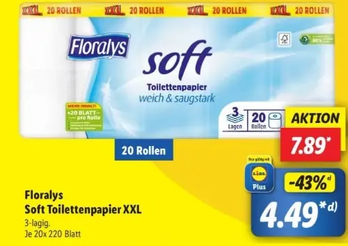 Floralys Soft Toilettenpapier XXL 3-lagig (20x 220 Blatt) [Lidl Plus]