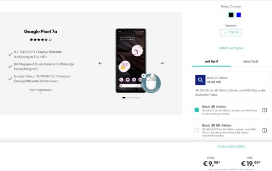 Google Pixel 7a + Google Pixel Buds A-Series + o2 Basic 30 Aktion 35 GB LTE