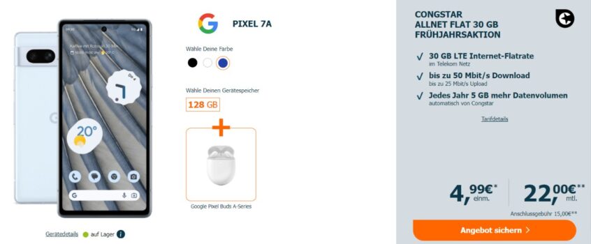 Google Pixel 7a + Google Pixle Buds A-Series + congstar Allnet-Flat mit 30+ GB LTE