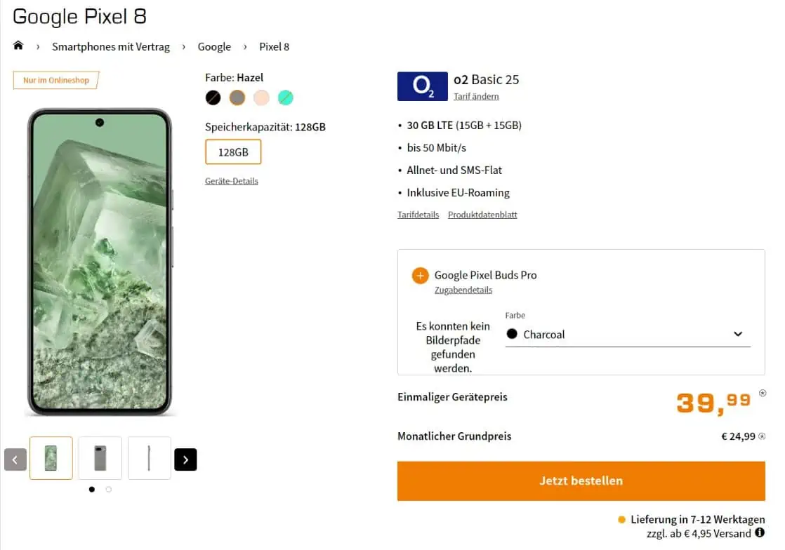 Saturn Tarifwelt: Google Pixel 8 + Google Pixel Buds Pro + o2 Basic 25 mit 30 GB LTE für 24,99 € / Monat + 84,93 € einmalig