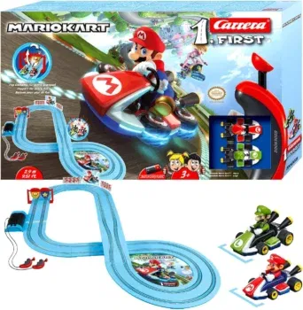 Hol dir das actiongeladene Carrera First Mario Kart Rennbahn-Set und erlebe spannende Rennen zwischen Super Mario und Luigi!