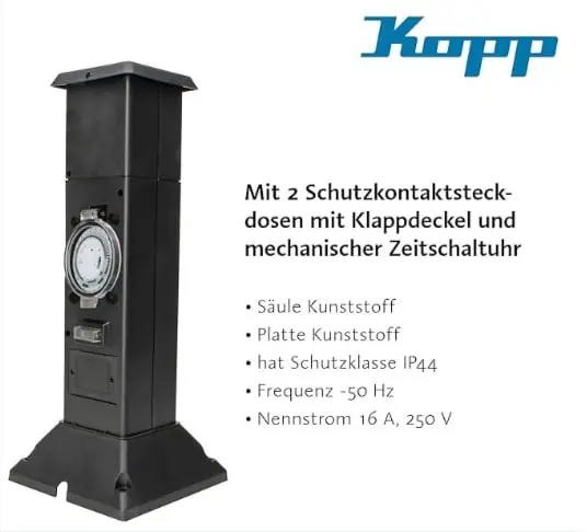 Kopp Energiesäule / Gartensteckdose (mit 2 Schutzkontakt-Steckdosen, 230 V, IP44, Zeitschaltuhr) für 17,99€ inkl. Versand (statt 37€)
