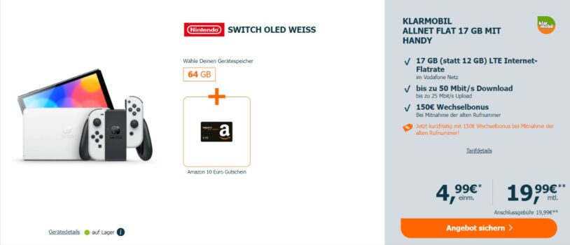 Nintendo Switch OLED + 10 € Amazon Gutschein + Klarmobil Allnet Flat 17 GB LTE