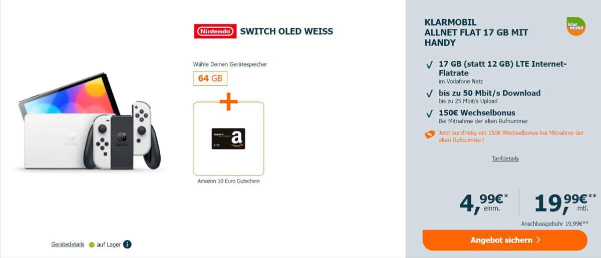 Nintendo Switch Oled + 10 € Amazon Gutschein + Klarmobil Allnet Flat 17 Gb Lte