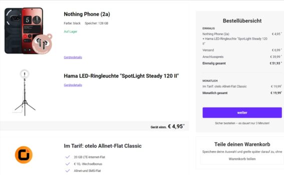 Nothing Phone 2a + Hama LED-Ringleuchte SpotLight Steady 120 II + otelo Allnet-Flat Classic mit 20 GB LTE