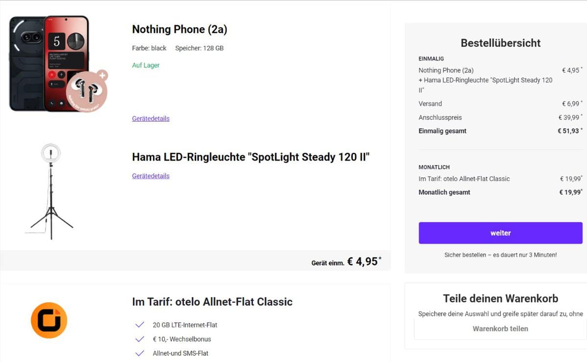 Nothing Phone 2A + Hama Led-Ringleuchte Spotlight Steady 120 Ii + Otelo Allnet-Flat Classic Mit 20 Gb Lte