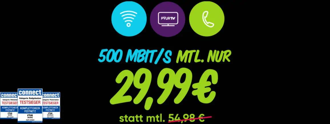 Bis zu 45 % Rabatt auf die PŸUR Kombitarife (Internet, TV & Telefon) z.B. Kombi 50 effektiv für 24,99 € / Monat  + 19,99 € einmalig