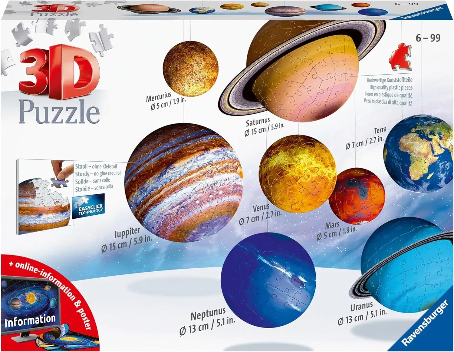 Ravensburger 3D Puzzle Planetensystem 11668 - Planeten Als 3D Puzzlebälle (540-Tlg.)