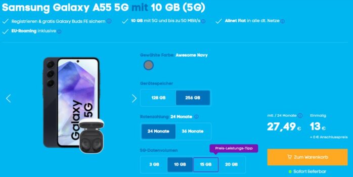 Samsung Galaxy A55 5G + Samsung Galaxy Buds FE + Blau Allnet XL 10 GB 5G