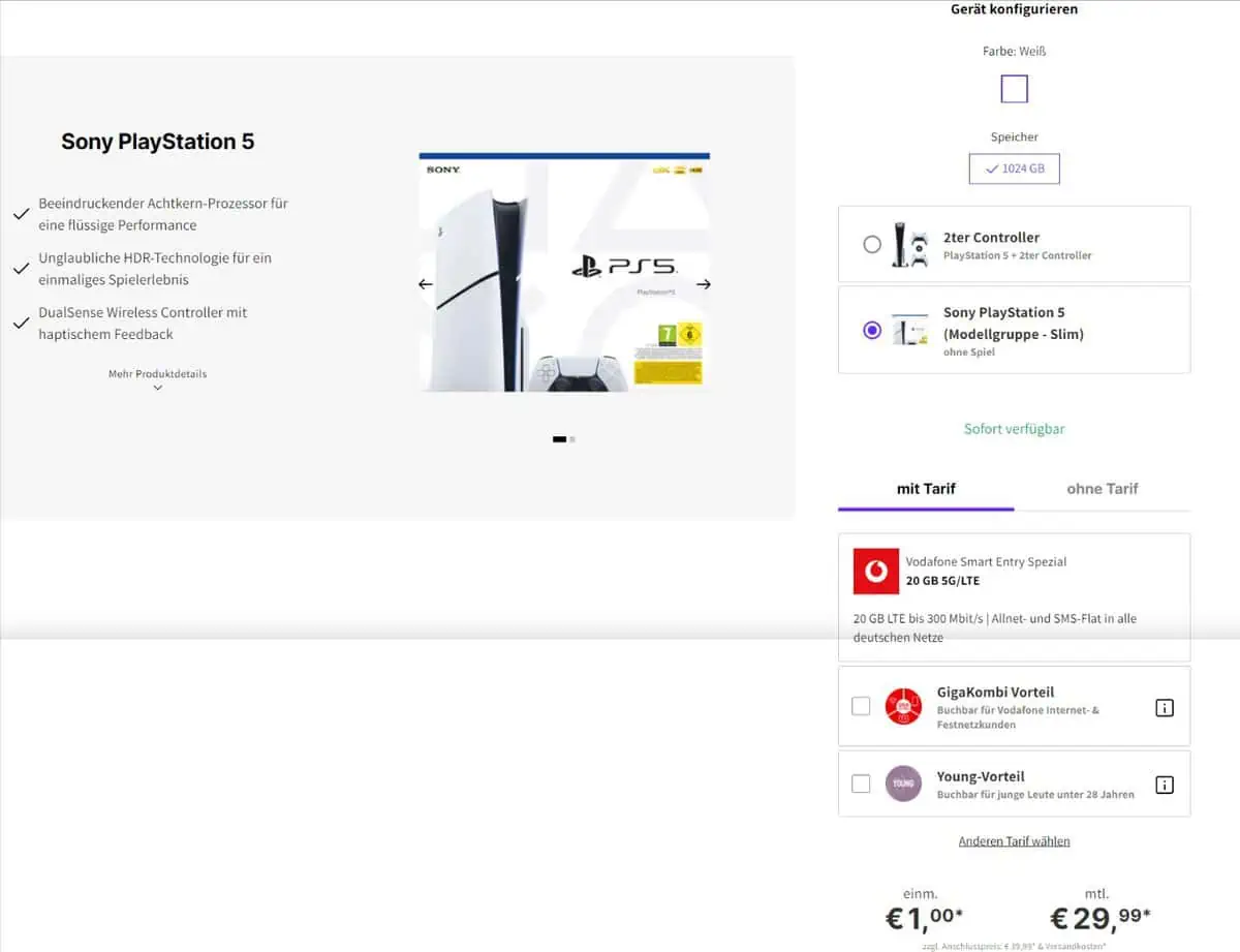 DEINHANDY: Sony Playstation 5 Slim Edition + Vodafone Smart Entry Spezial 20 GB 5G für 29,99 € / Monat + 47,98 € einmalig