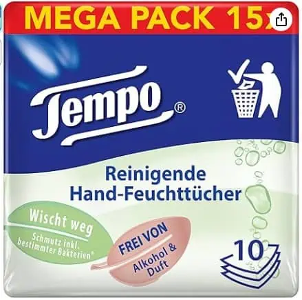 Tempo Reinigende Hand-Feuchttücher, parfüm- und alkoholfrei, dermatologisch getestet, 150 Tücher (10 Tücher x 15 Packungen)