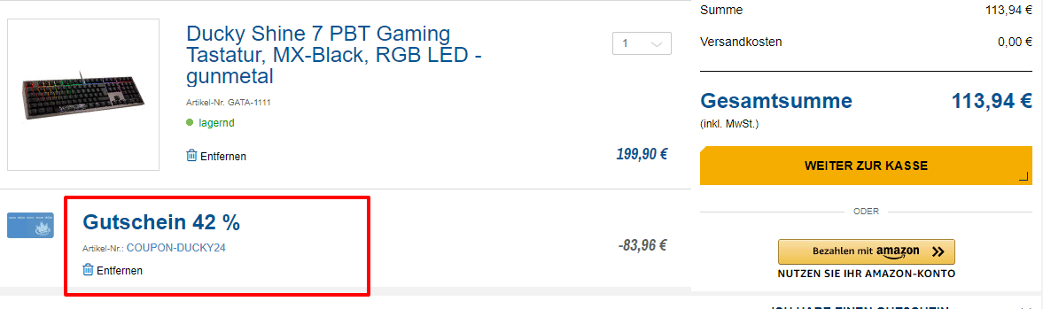 CaseKing Gutscheinfehler: 42 % Rabatt statt 24 % auf Ducky Shine 7 PBT Gaming Tastaturen