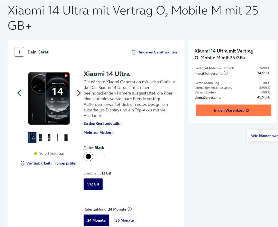 Xiaomi 14 Ultra + Photography Kamera Kit +O2 Mobile M Mit 25 Gb+ 5G