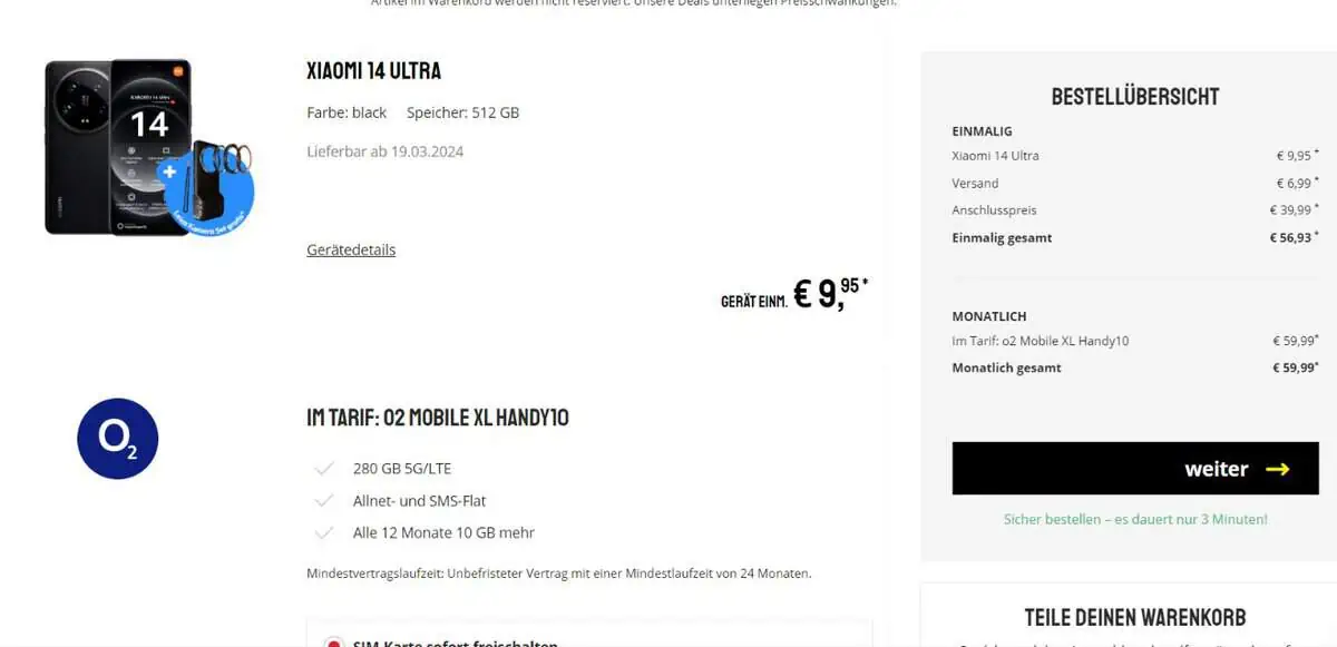 Sparhandy: Xiaomi 14 Ultra + Photography Kamera Kit + o2 Mobile XL mit 280 GB+ 5G für 59,99 € / Monat + 56,93 € einmalig