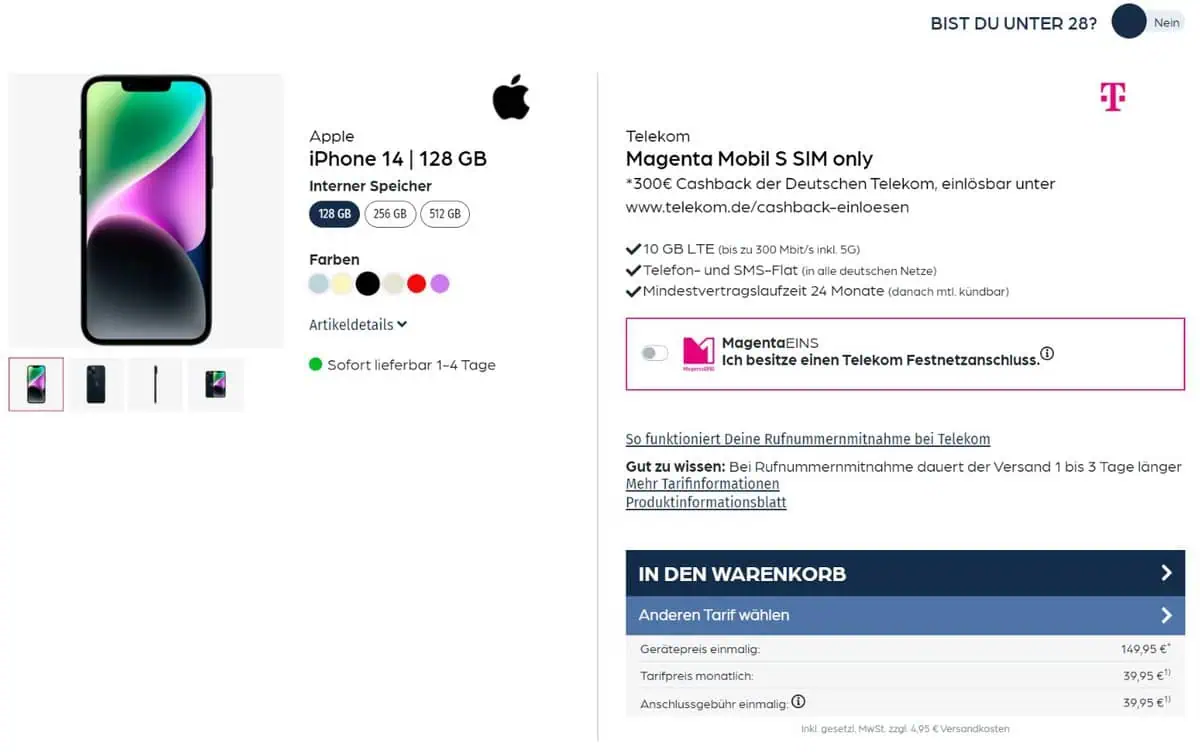 starmobile: Apple iPhone 14 + Telekom Magenta Mobil S 10 GB LTE für 39,95 € Monat + 189,85 € einmalig