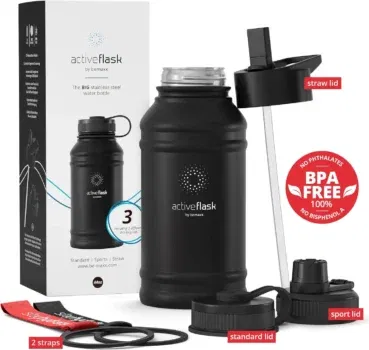 BeMaxx Trinkflasche Edelstahl ACTIVE FLASK + Strohhalm (3 Deckel)