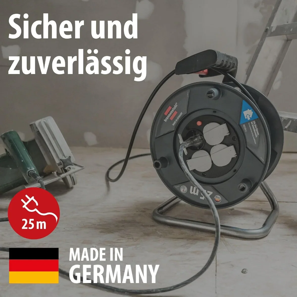 Brennenstuhl Garant V2 Kabeltrommel (25m Kabel in schwarz, Made in Germany, Einsatz im Innenbereich)