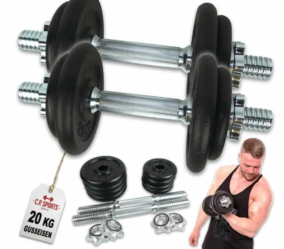 20kg Kurzhantelset aus Gusseisen (30/31mm Bohrung, 2x 2.5kg, 2x 1.25kg, 2 Kurzhanteln, 2 Paar Sternverschlüsse) für 34,99€ (statt 50€)