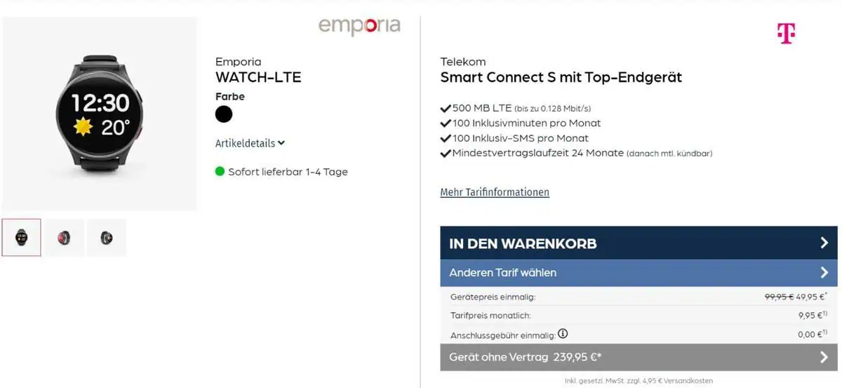 starmobile: Emporia Watch LTE Senioren Smartwatch + Telekom Smart Connect S 500 MB LTE für 9,95 € / Monat + 79,90 € einmalig