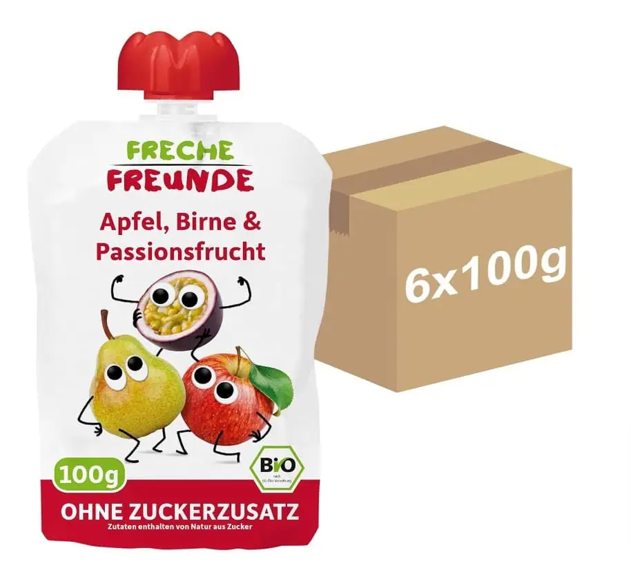 FRECHE FREUNDE Bio Quetschie, 6er Pack (6 x100 g), Apfel, Birne und Passionsfrucht