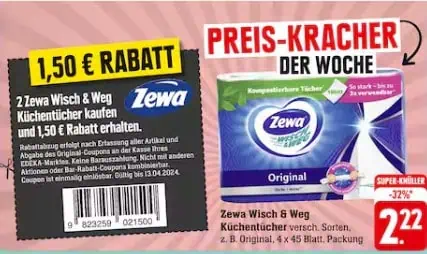 Zewa Wisch und Weg Coupons mit 1,50 € Sofort Rabatt [Edeka]