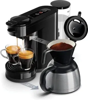 Philips Senseo Switch Pad- und Filterkaffeemaschine, 2-in-1-Brühtechnologie, 1-Liter-Wasserbehälter, 7 Tassen in einem Durchgang, Klavierlackschwarz (HD6592 64)