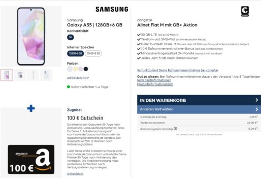 Samsung Galaxy A35 + 100 € Amazon Gutschein + congstar Allnet Flat M 30 GB LTE