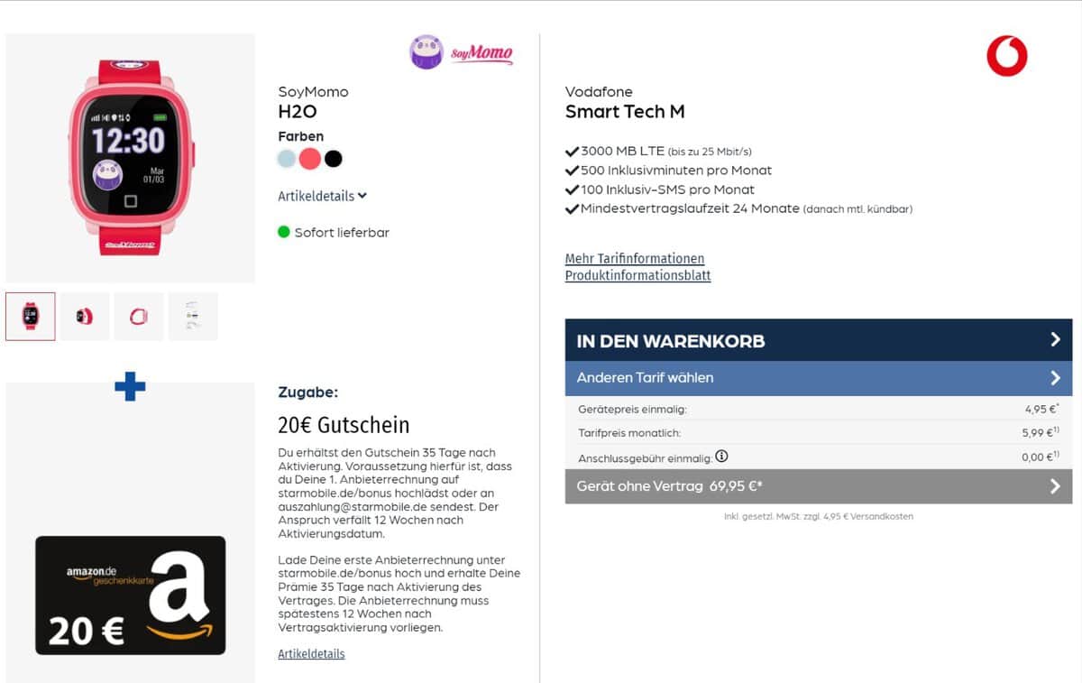 Soymomo H2O Kinder Smartwatch + 20 € Amazon-Gutschein + Vodafone Smart Tech M 3000 Mb Lte