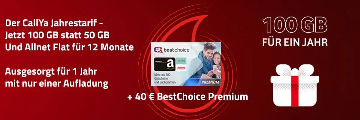 Vodafone CallYa Jahrestarif mit 180 GB 5G + Telefon- & SMS-Flat für 99,99 € für 365 Tage + 10 € RMN-Bonus