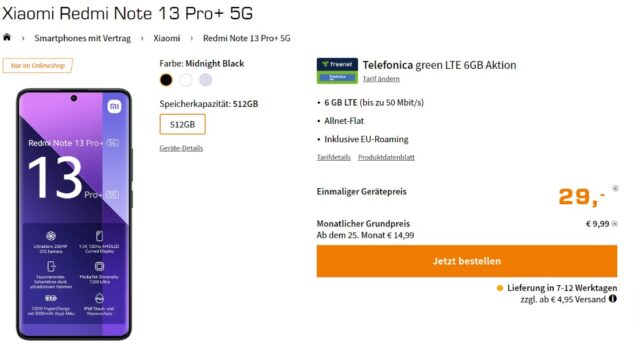 Xiaomi Redmi Note 13 Pro+ 5G + freenet Telefonica green LTE 6GB